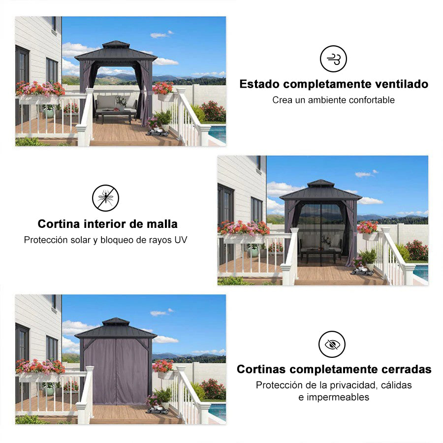 PURPLE LEAF Cenador Estándar Gris con Doble Techo de Acero Galvanizado, Mosquitera y Cortinas
