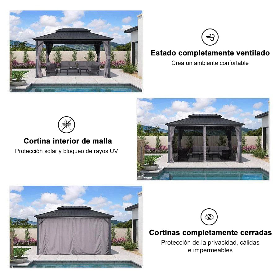 Purple Leaf Cenador de Jardín Estándar Gris, Pérgola de Aluminio con Techo de Acero Galvanizado y Luces de Cadena Con Luz Cálida