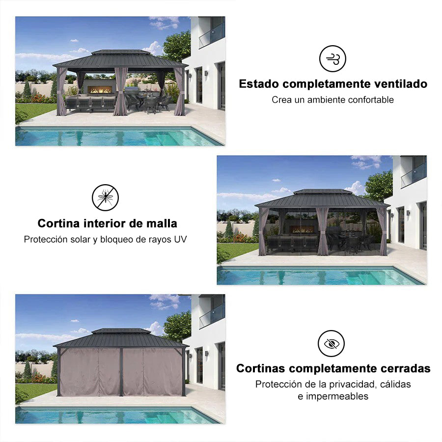PURPLE LEAF Cenador Estándar Gris con Doble Techo de Acero Galvanizado, Mosquitera y Cortinas