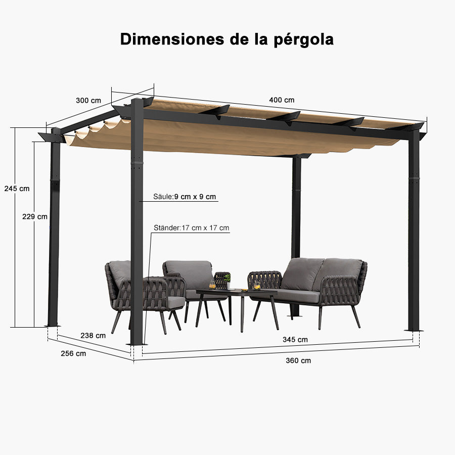 PURPLE LEAF Pérgola retráctil de aluminio para exteriores con techo protector solar, terraza, refugio para el patio trasero, pabellón metálico para barbacoa