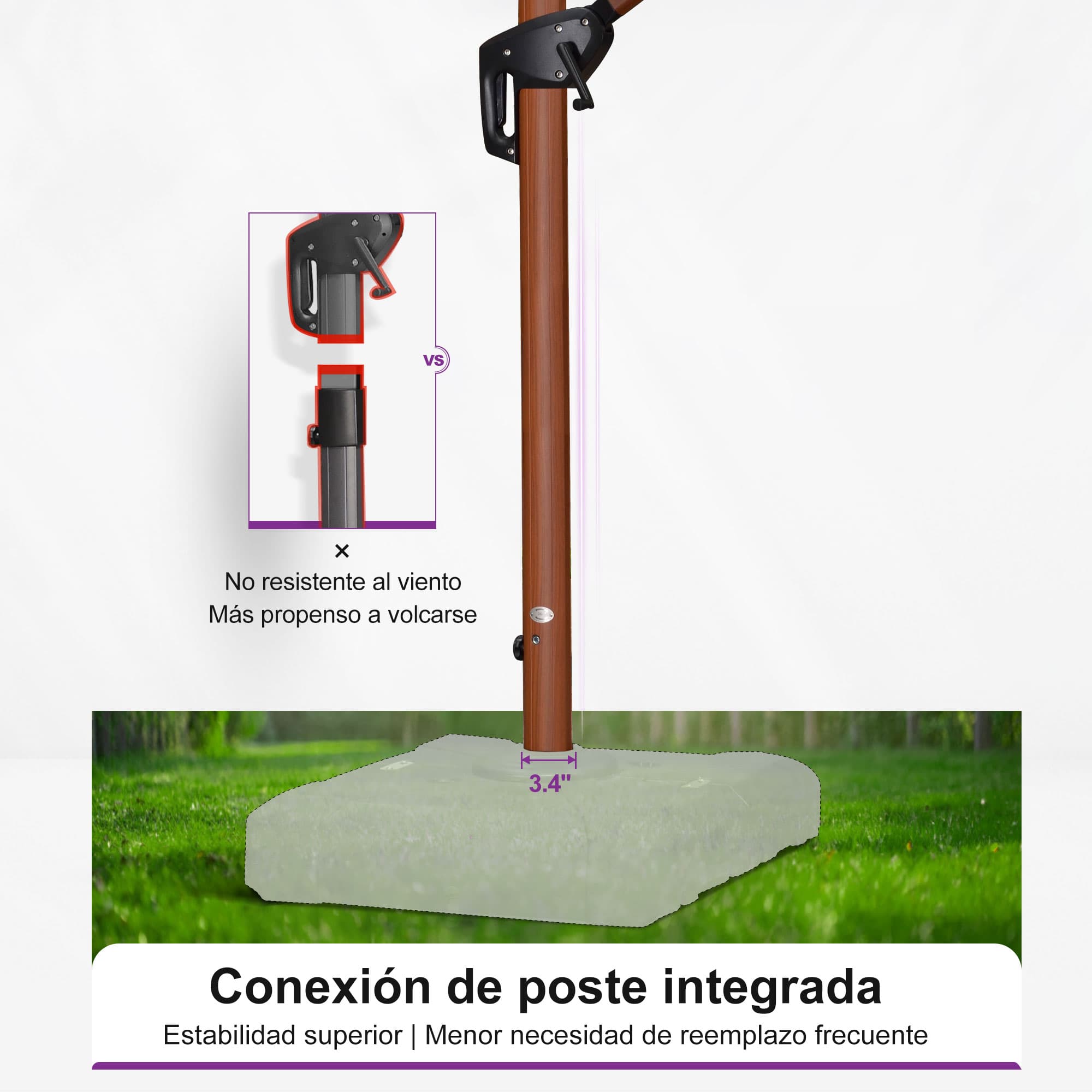 PURPLE LEAF Sombrilla de jardín cuadrada de aluminio efecto madera con doble techo para exteriores