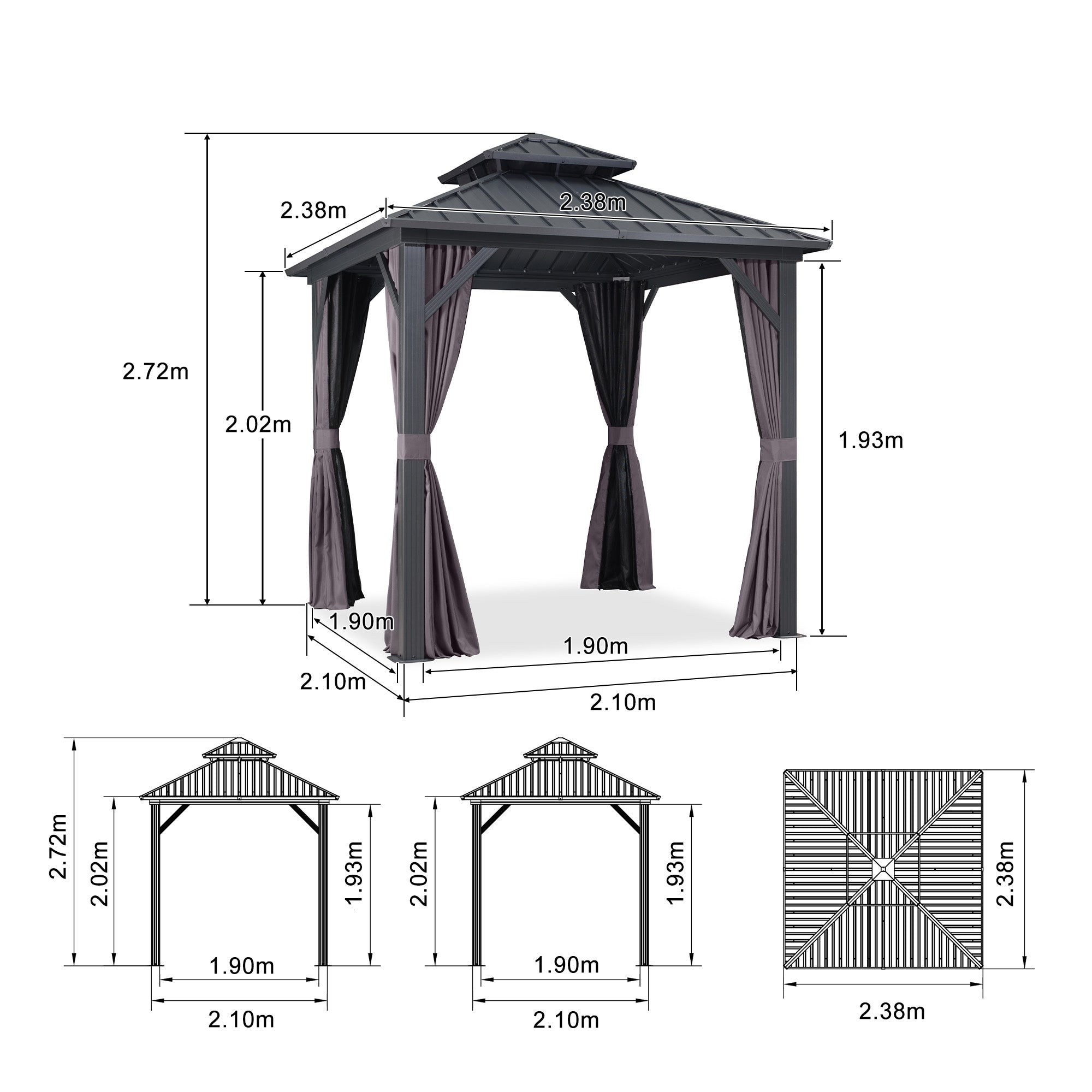 Purple Leaf Cenador de Jardín Estándar Gris, Pérgola de Aluminio con Techo de Acero Galvanizado y Luces de Cadena Con Luz Cálida
