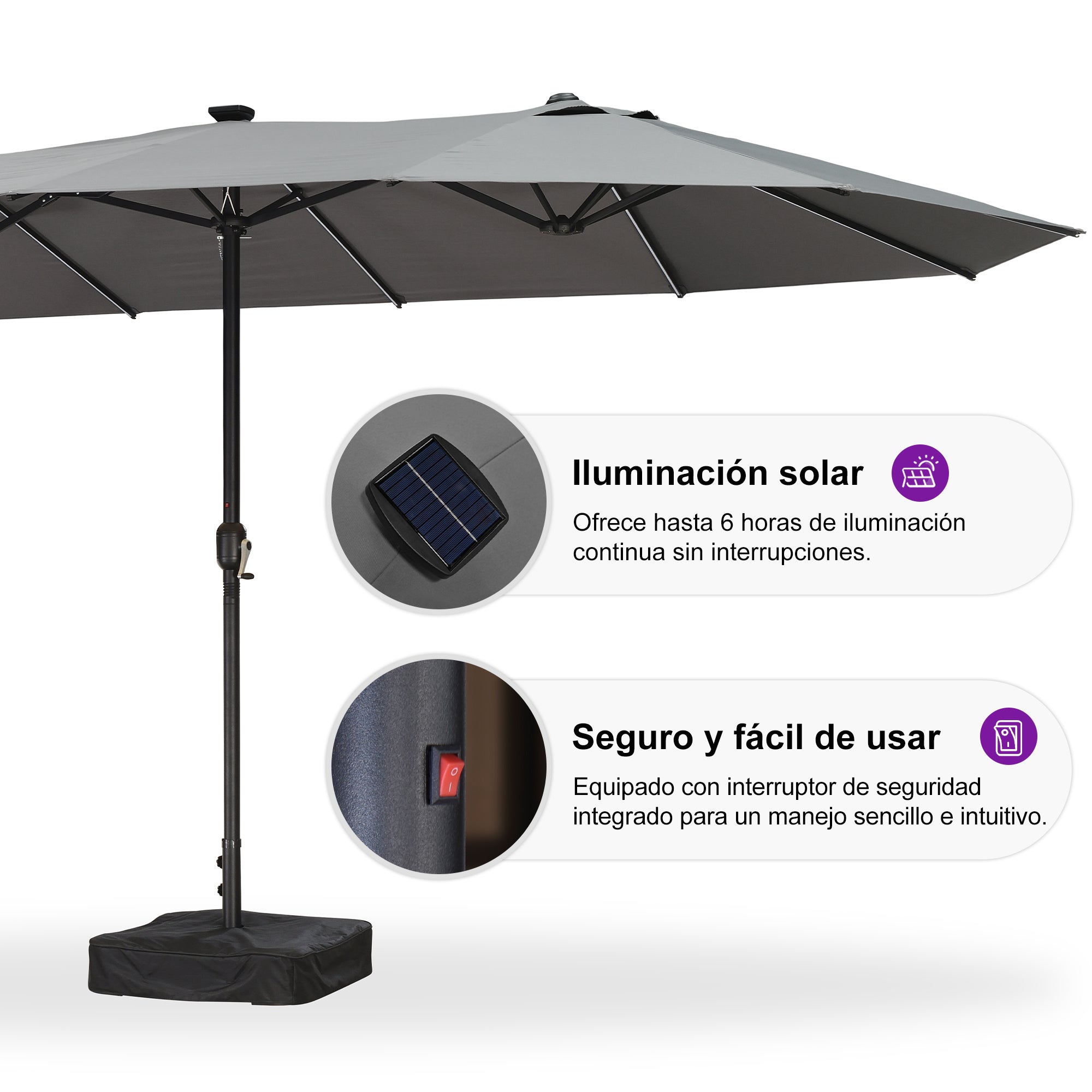 PURPLE LEAF Sombrilla de doble cara con iluminación LED con base incluida para exteriores