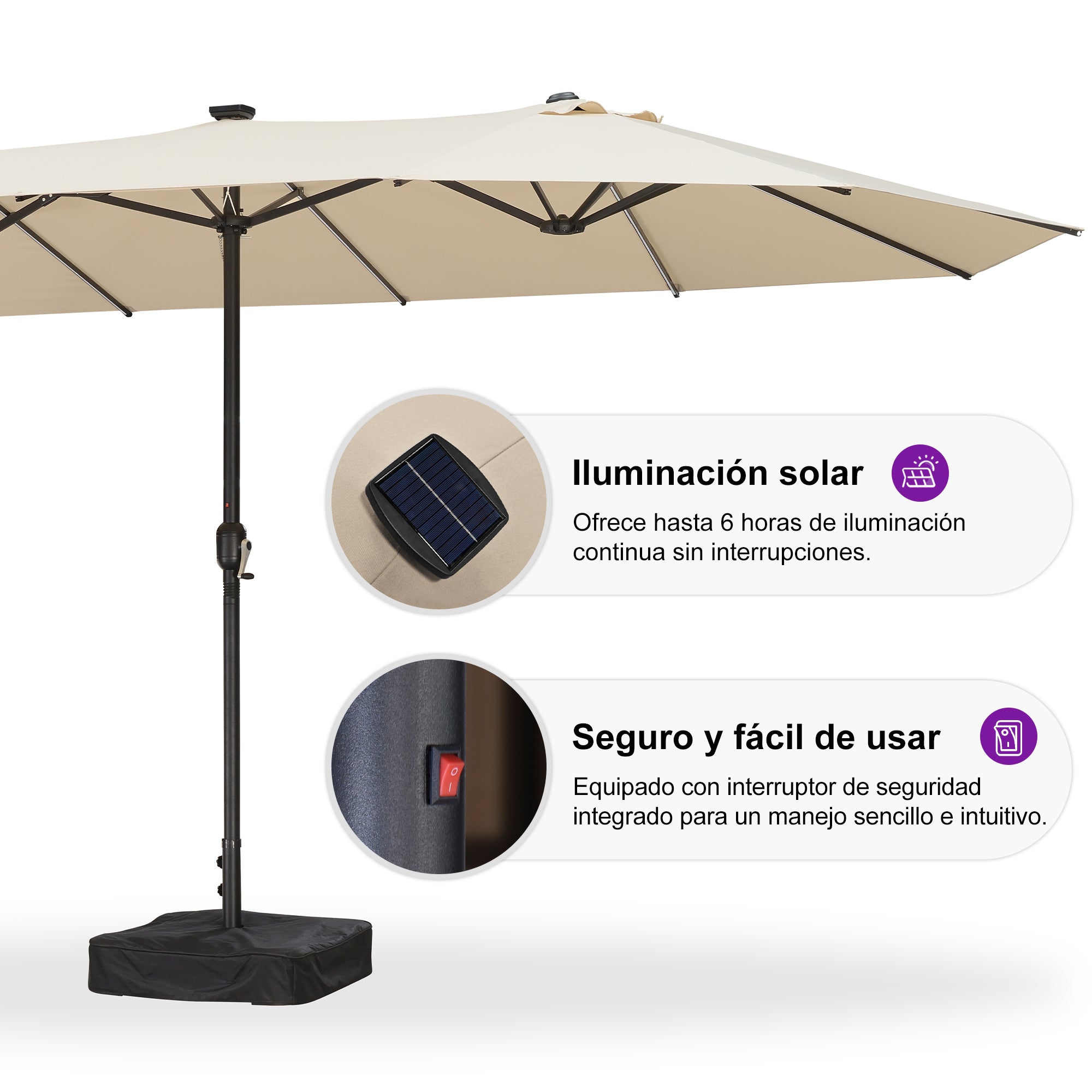 PURPLE LEAF Sombrilla de doble cara con iluminación LED con base incluida para exteriores