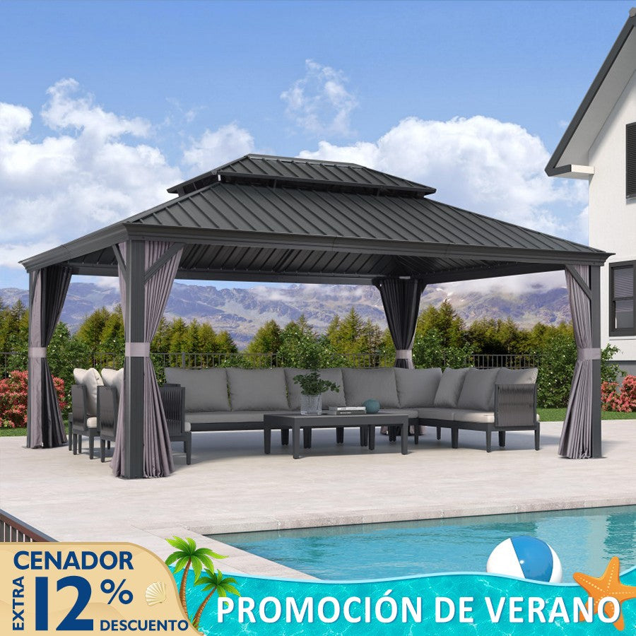 PURPLE LEAF Cenador Aluminio Jardín Terraza Techo de Acero Galvanizado Cortinas Mosquiteras Exterior Gris