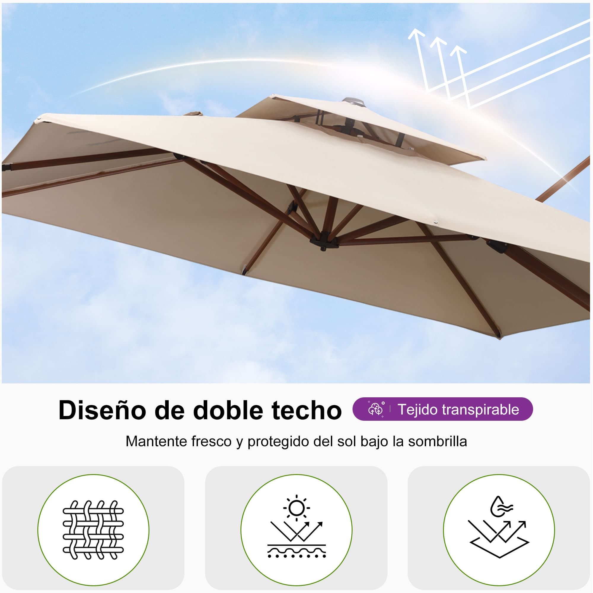 PURPLE LEAF Sombrilla de jardín cuadrada de aluminio efecto madera con doble techo para exteriores