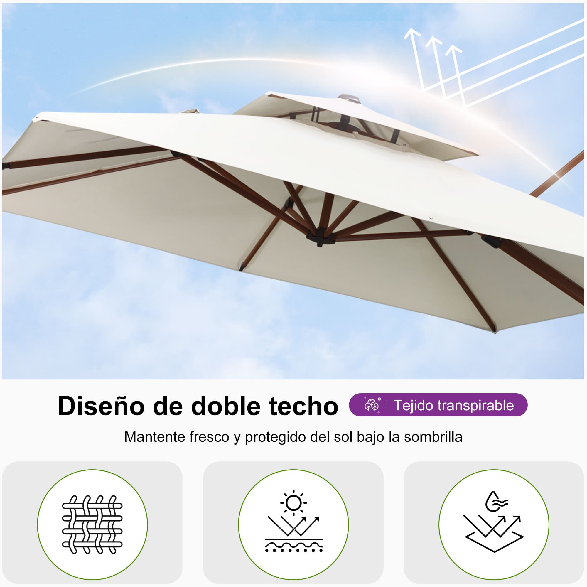 PURPLE LEAF Sombrilla de jardín cuadrada de aluminio efecto madera con doble techo para exteriores
