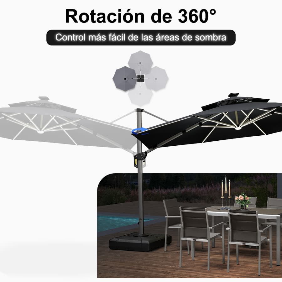 PURPLE LEAF Sombrilla excéntrico redondo con luces LED solares y rotación de 360°, ideal para jardín y terraza