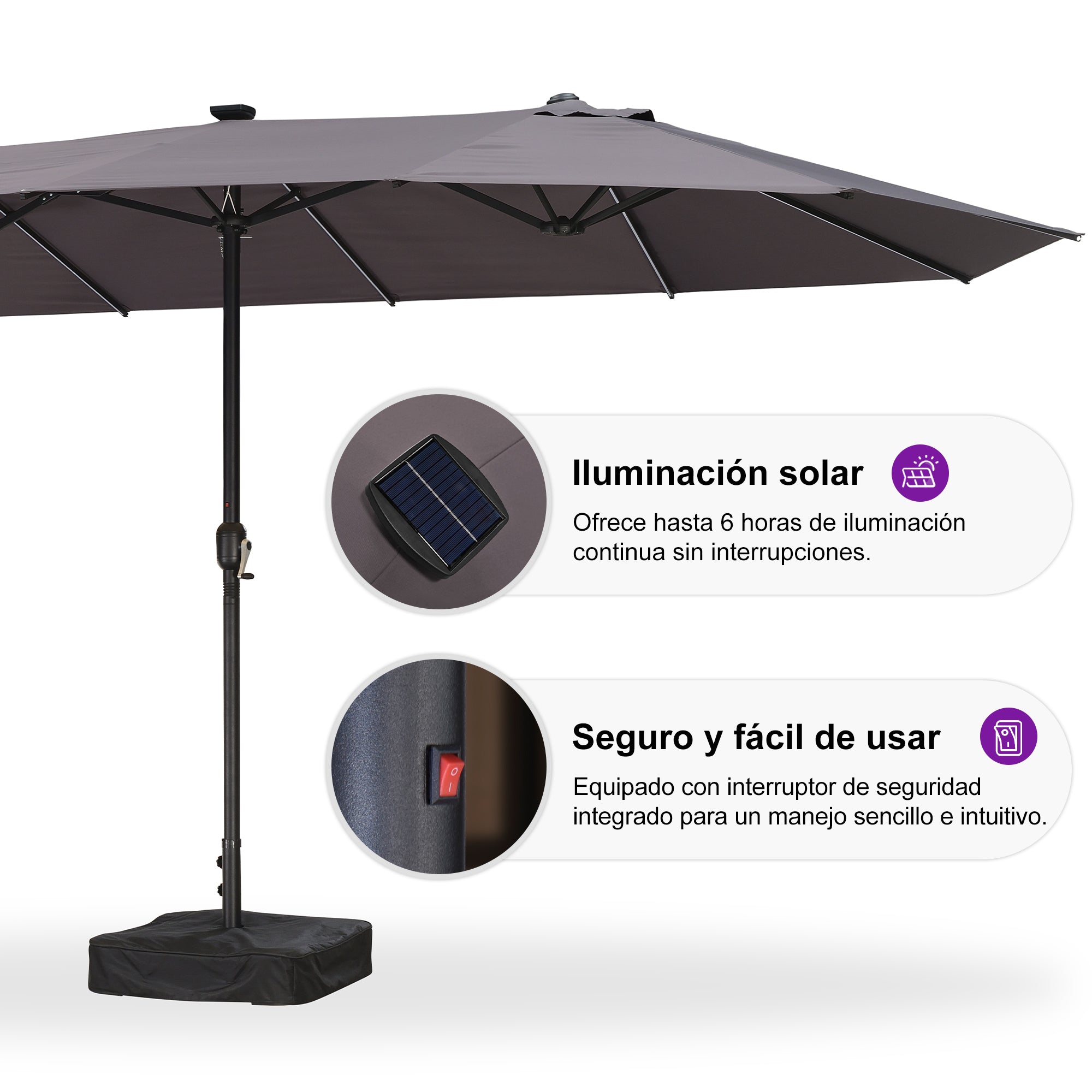 PURPLE LEAF Sombrilla de doble cara con iluminación LED con base incluida para exteriores