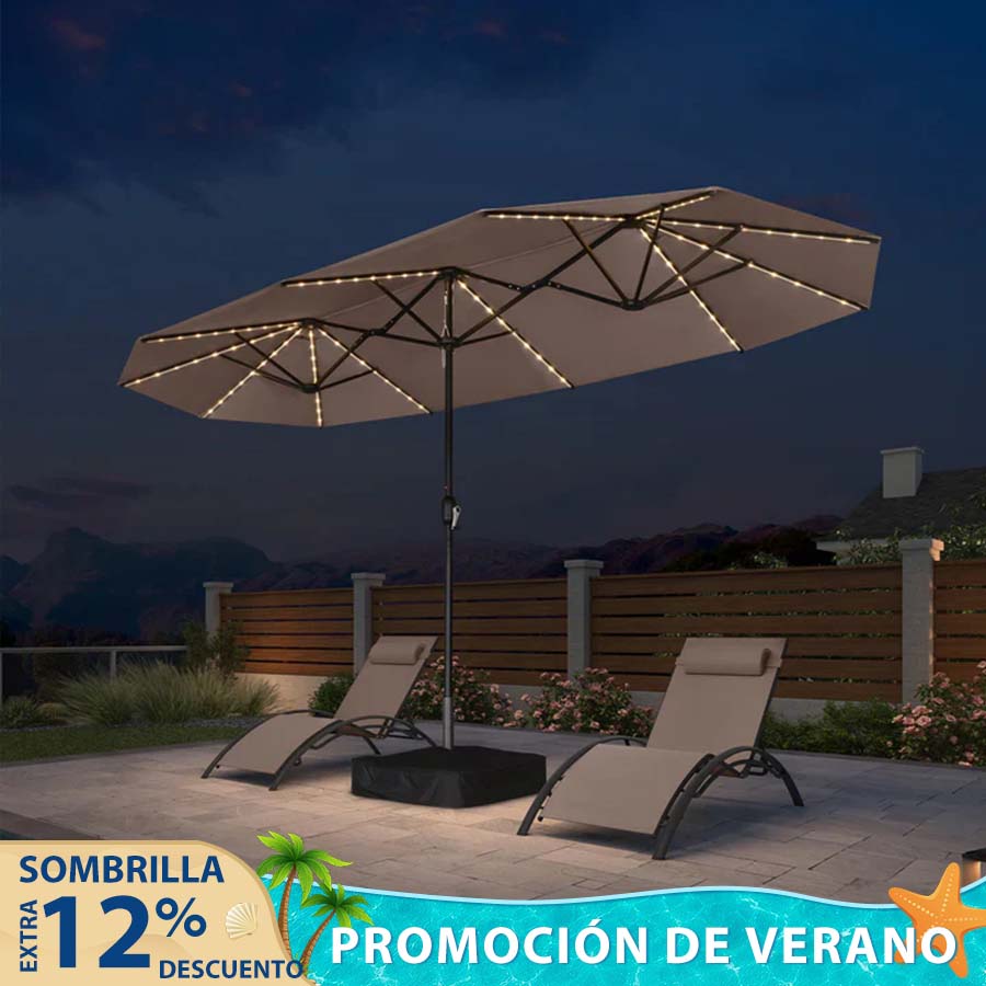 PURPLE LEAF Sombrilla de doble cara con iluminación LED con base incluida para exteriores