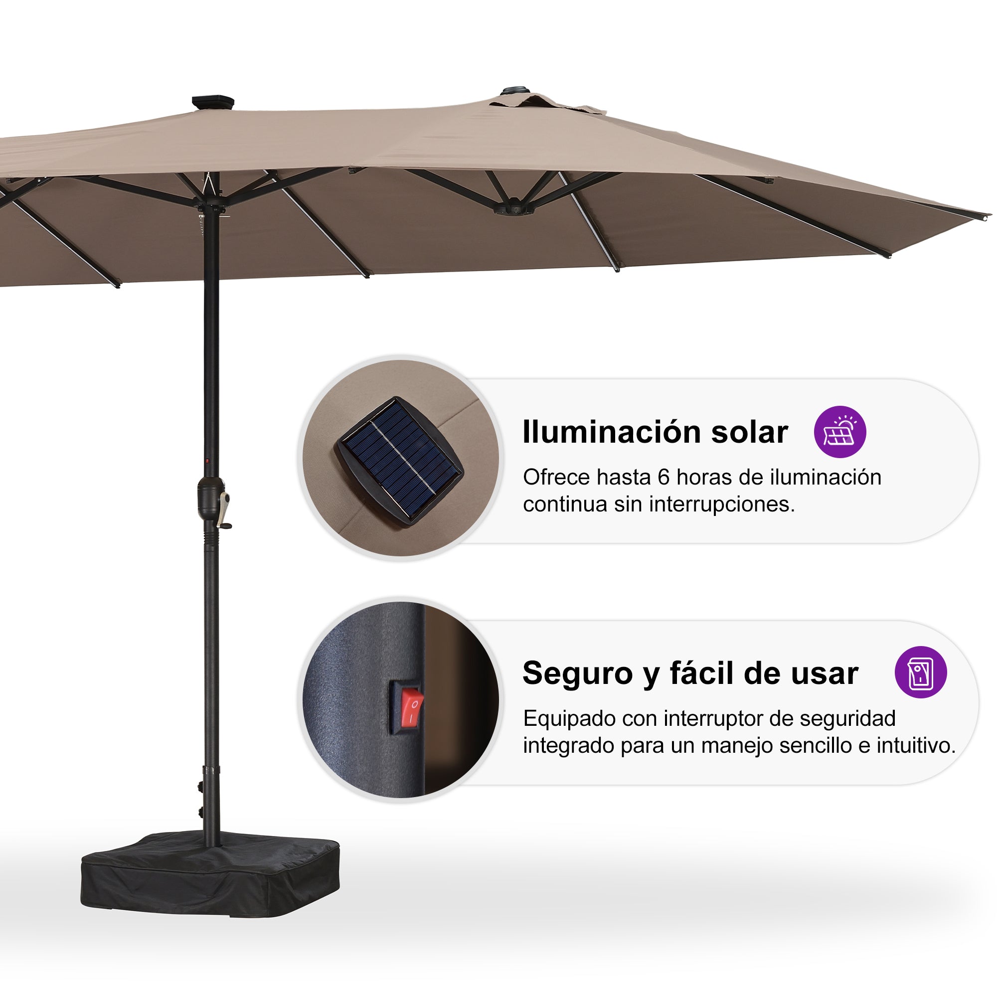 PURPLE LEAF Sombrilla de doble cara con iluminación LED con base incluida para exteriores