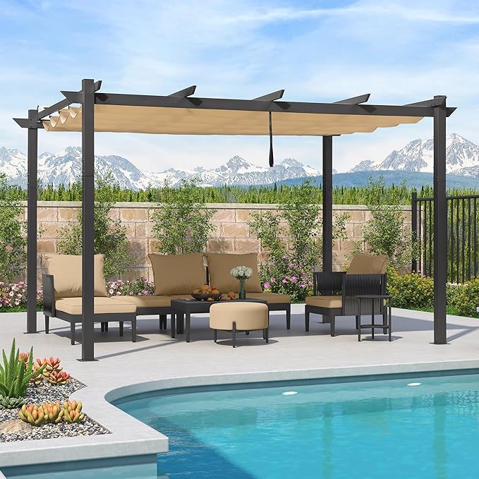 PURPLE LEAF Pérgola retráctil de aluminio para exteriores con techo protector solar, terraza, refugio para el patio trasero, pabellón metálico para barbacoa