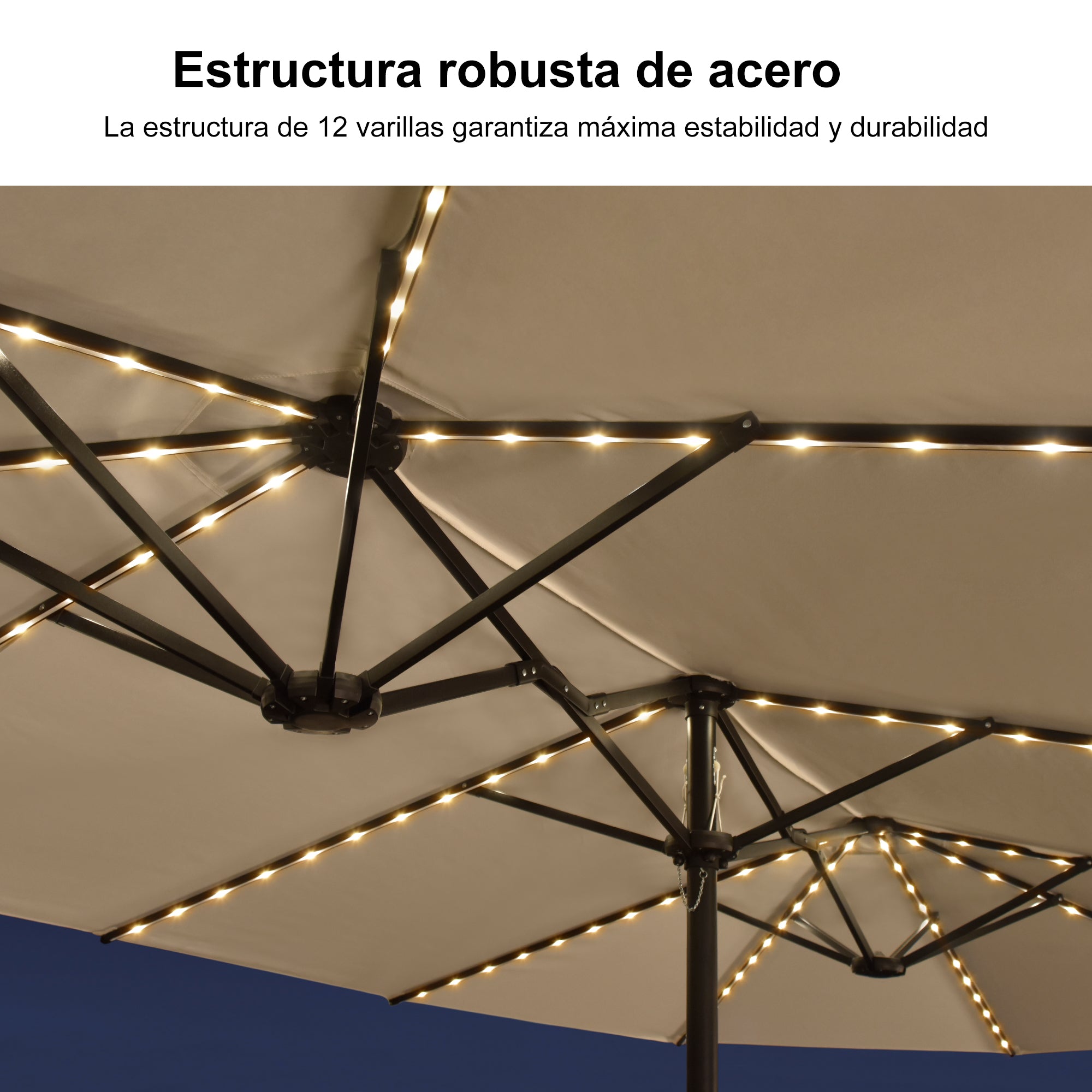 PURPLE LEAF Sombrilla de doble cara con iluminación LED con base incluida para exteriores