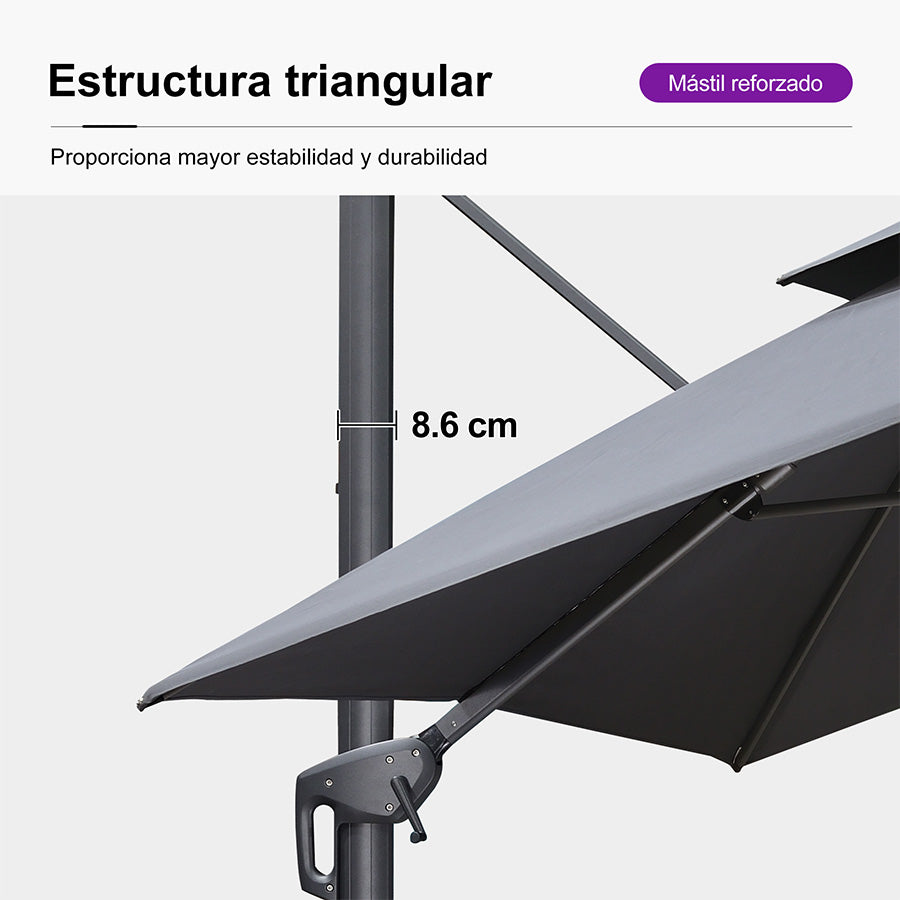 PURPLE LEAF Sombrilla Giratoria 360° con Marco en Gris Negro, Disponible en Diseño Cuadrado o Rectangular para Jardín y Terraza