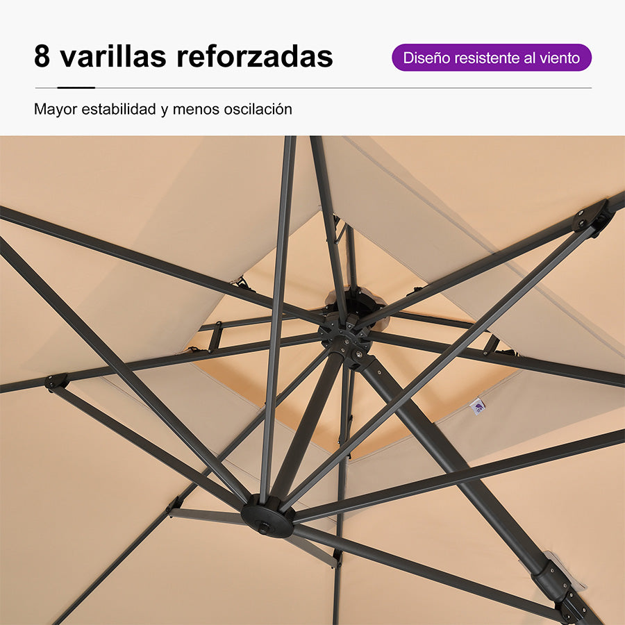 PURPLE LEAF Sombrilla Giratoria 360° con Marco en Gris Negro, Disponible en Diseño Cuadrado o Rectangular para Jardín y Terraza