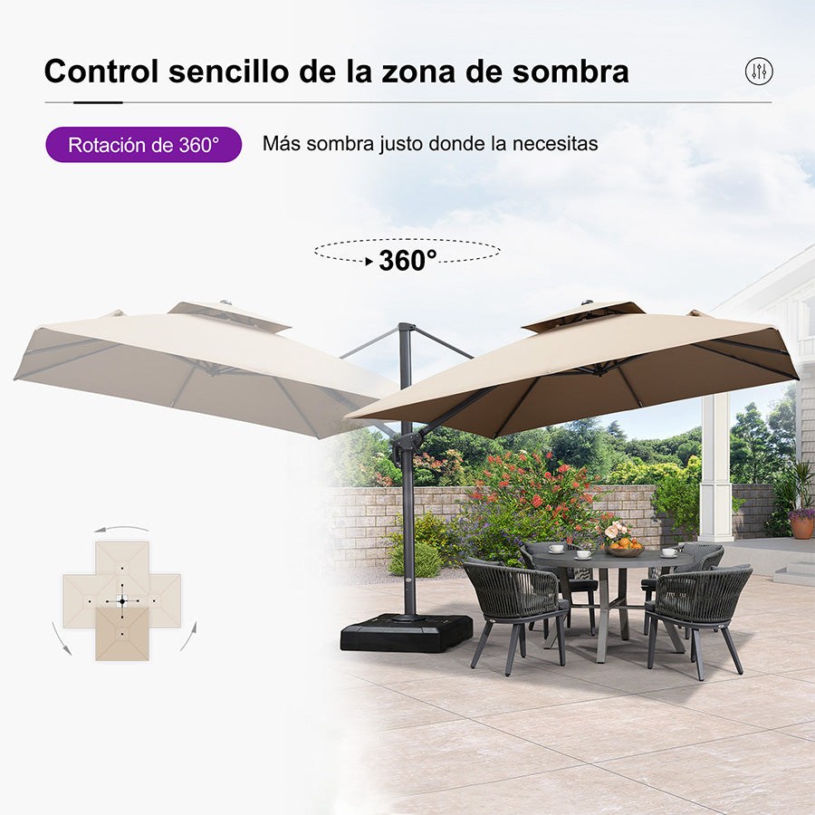 PURPLE LEAF Sombrilla Giratoria 360° con Marco en Gris Negro, Disponible en Diseño Cuadrado o Rectangular para Jardín y Terraza