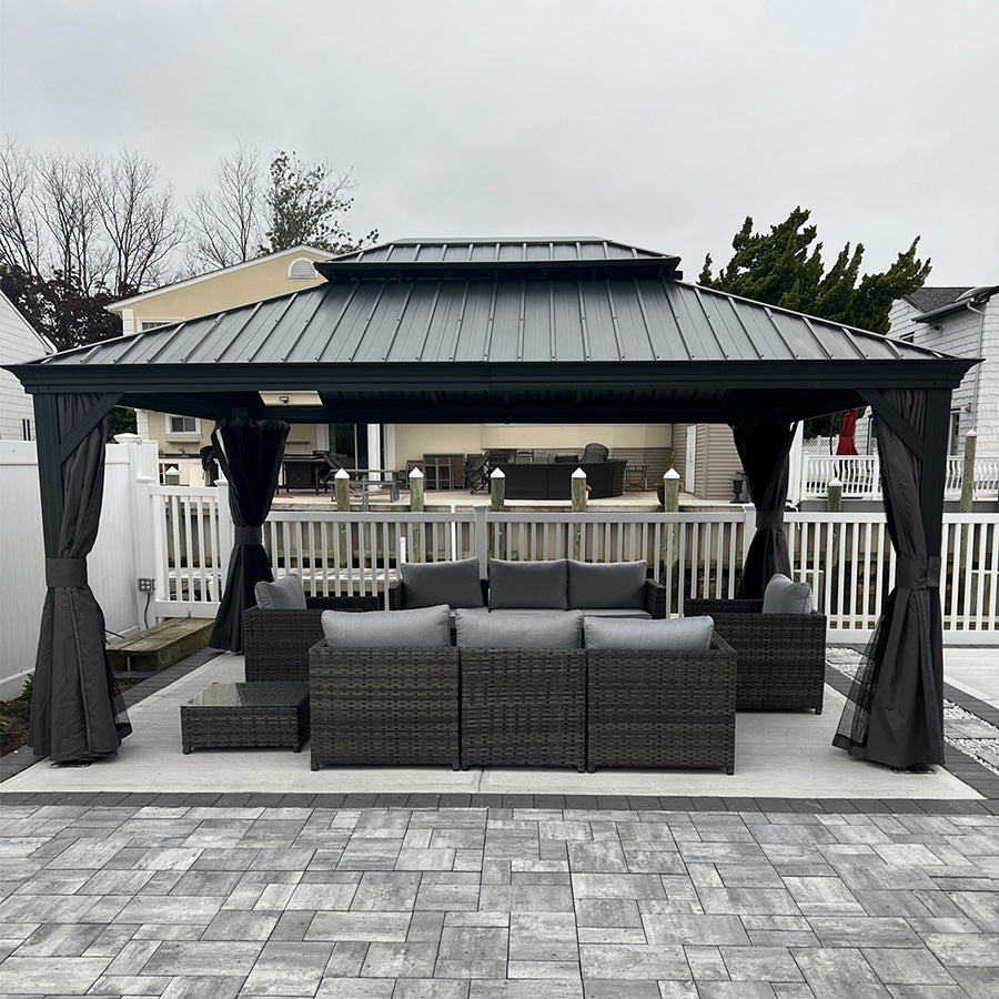 PURPLE LEAF Aluminio Cenador Jardin Cenadores Techo De Acero Galvanizado con Cortinas Y Mosquiteras para Exterior Terraza Gris