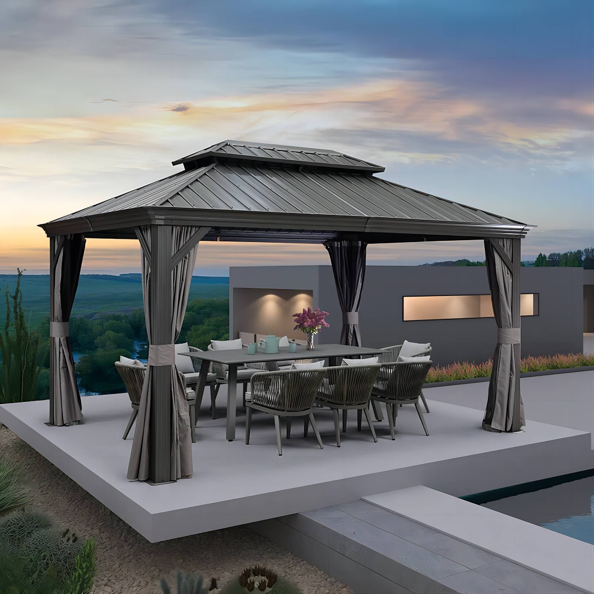 PURPLE LEAF Aluminio Cenador Jardin Cenadores Techo De Acero Galvanizado con Cortinas Y Mosquiteras para Exterior Terraza Gris