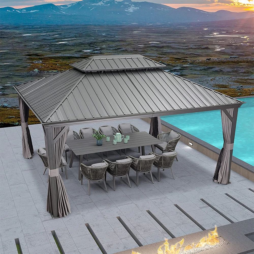 PURPLE LEAF Aluminio Cenador Jardin Cenadores Techo De Acero Galvanizado con Cortinas Y Mosquiteras para Exterior Terraza Gris