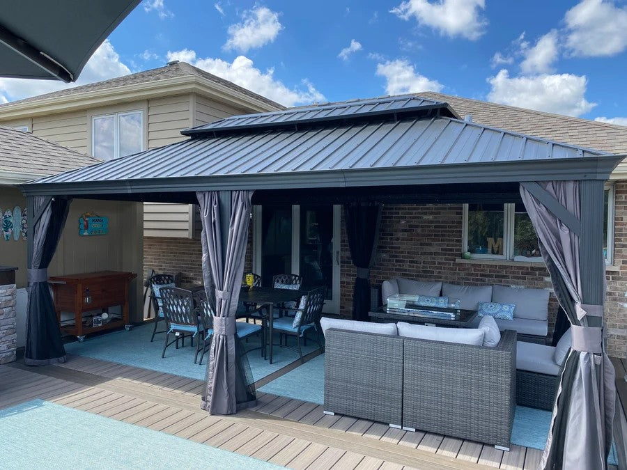 PURPLE LEAF Aluminio Cenador Jardin Cenadores Techo De Acero Galvanizado con Cortinas Y Mosquiteras para Exterior Terraza Gris