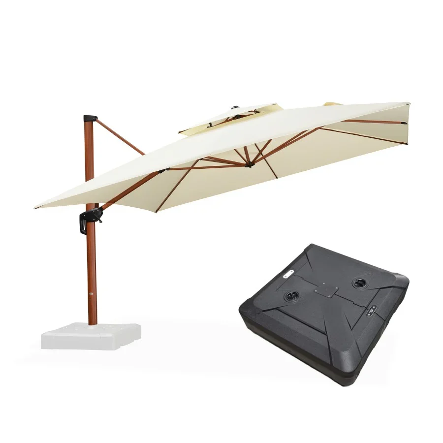 PURPLE LEAF Sombrilla de jardín cuadrada de aluminio efecto madera con doble techo para exteriores con base