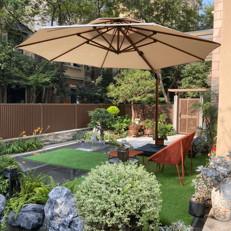 PURPLE LEAF Sombrilla Redonda de Jardín con Doble Techo y Acabado en Madera