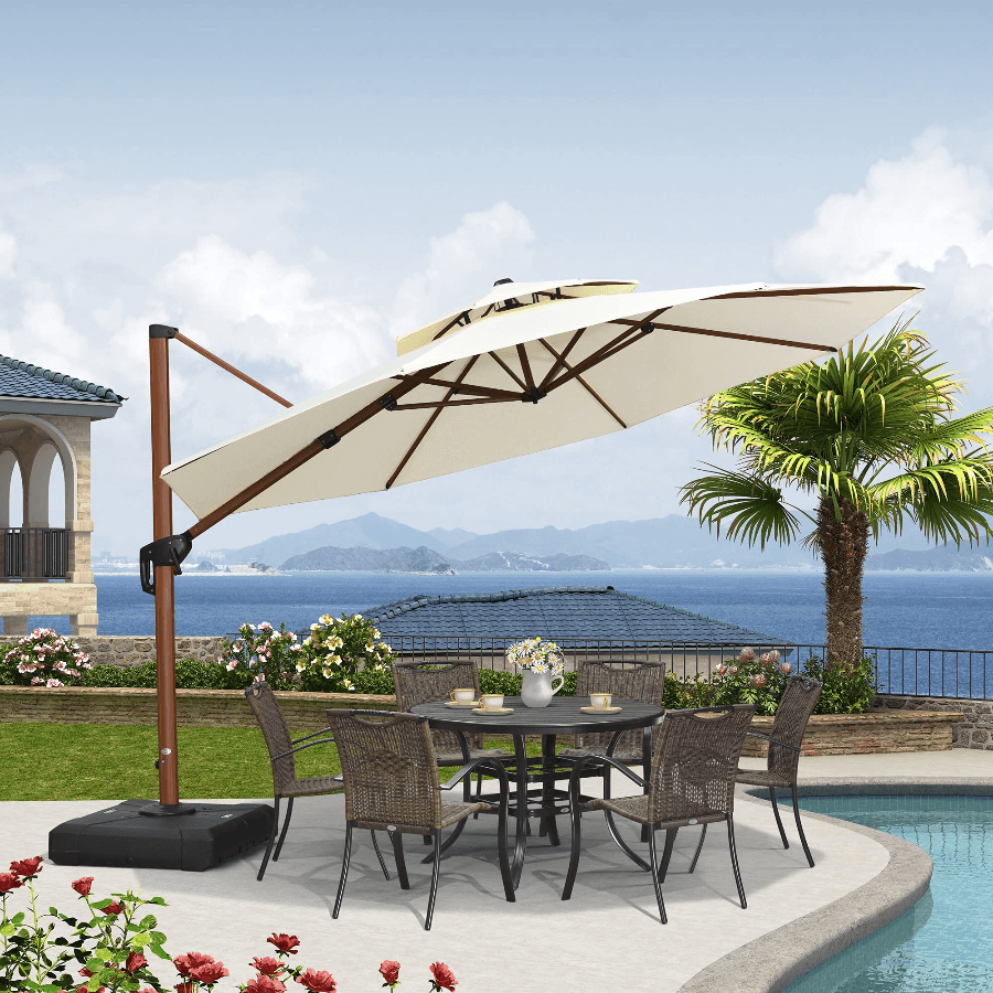 PURPLE LEAF Sombrilla de Patio Redonda de Aluminio Doble Cubierta 330/365 cm en Color Madera