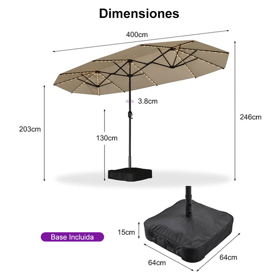 PURPLE LEAF Sombrilla de doble cara con iluminación LED con base incluida para exteriores