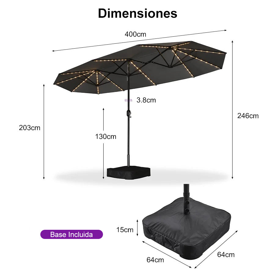 PURPLE LEAF Sombrilla de doble cara con iluminación LED con base incluida para exteriores