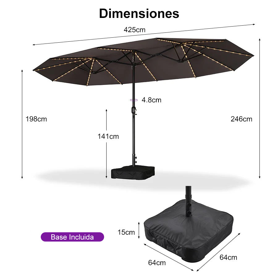 PURPLE LEAF Sombrilla de doble cara con iluminación LED con base incluida para exteriores