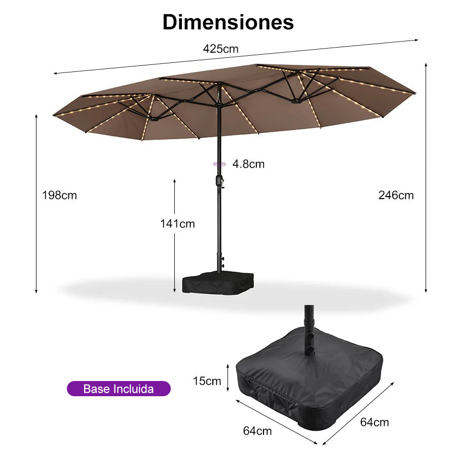 PURPLE LEAF Sombrilla de doble cara con iluminación LED con base incluida para exteriores