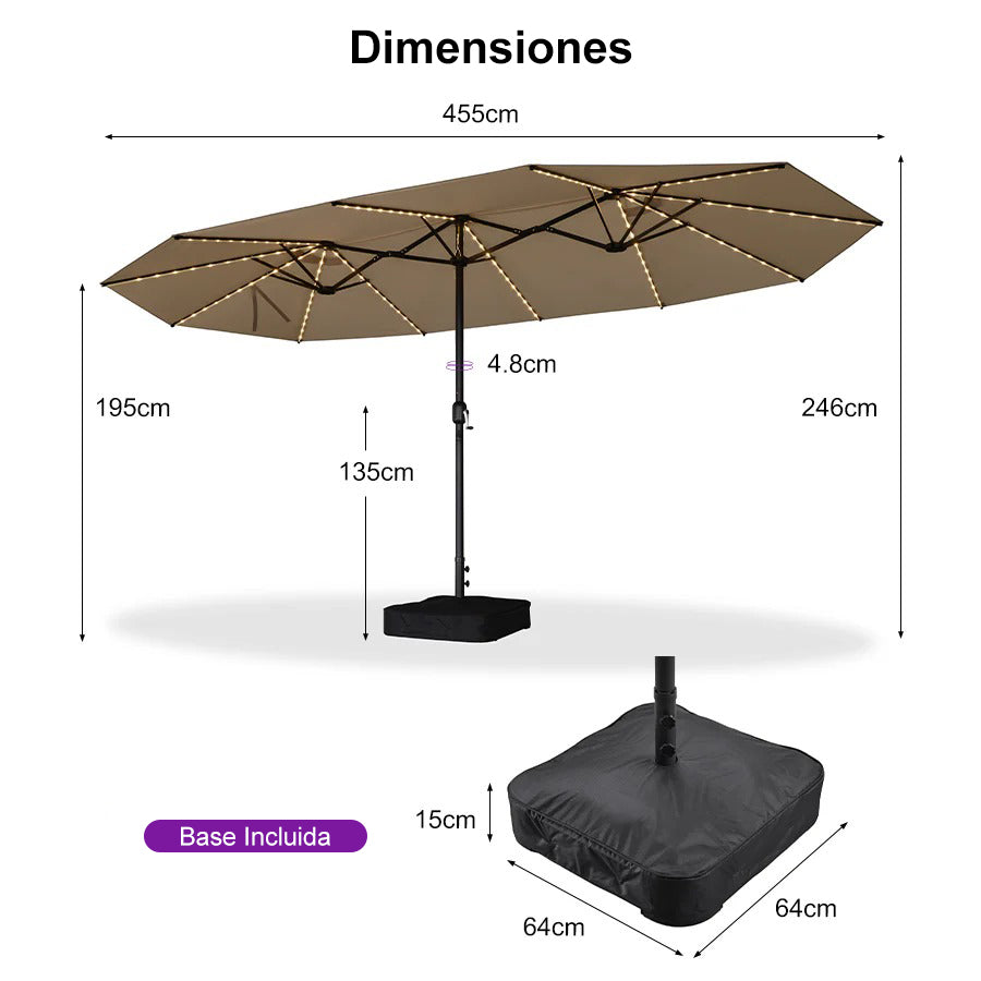 PURPLE LEAF Sombrilla de doble cara con iluminación LED con base incluida para exteriores