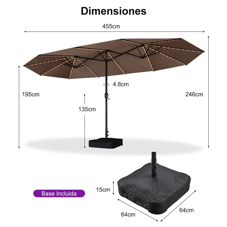PURPLE LEAF Sombrilla de doble cara con iluminación LED con base incluida para exteriores