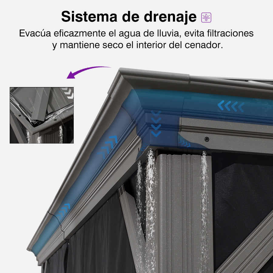 PURPLE LEAF Cenador de Jardín de Aluminio Gris Claro con Luz LED Neutra, Techo de Acero Galvanizado, Cortinas y Mosquiteras