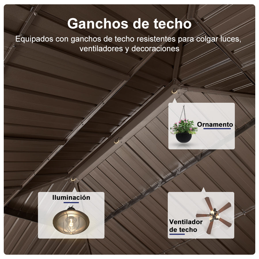 PURPLE LEAF Cenador Premium de Aluminio Bronce con Techo de Acero Galvanizado y Luz LED Neutra Integrada