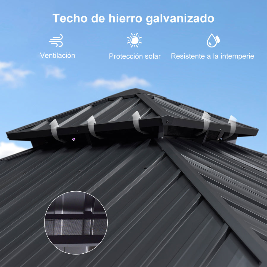 PURPLE LEAF Cenador Estándar Gris con Doble Techo de Acero Galvanizado, Mosquitera y Cortinas