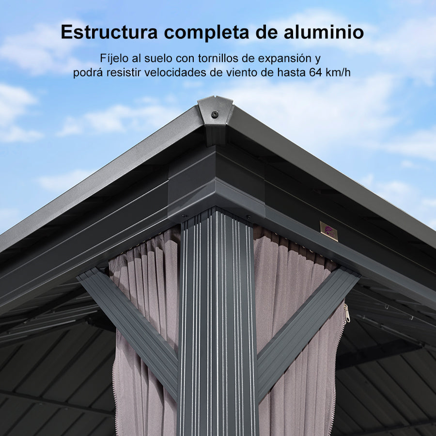 Purple Leaf Cenador de Jardín Estándar Gris, Pérgola de Aluminio con Techo de Acero Galvanizado y Luces de Cadena Con Luz Cálida