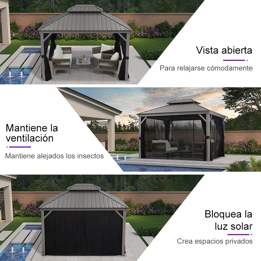 PURPLE LEAF Cenador de Jardín de Aluminio Gris Claro con Luz LED Neutra, Techo de Acero Galvanizado, Cortinas y Mosquiteras