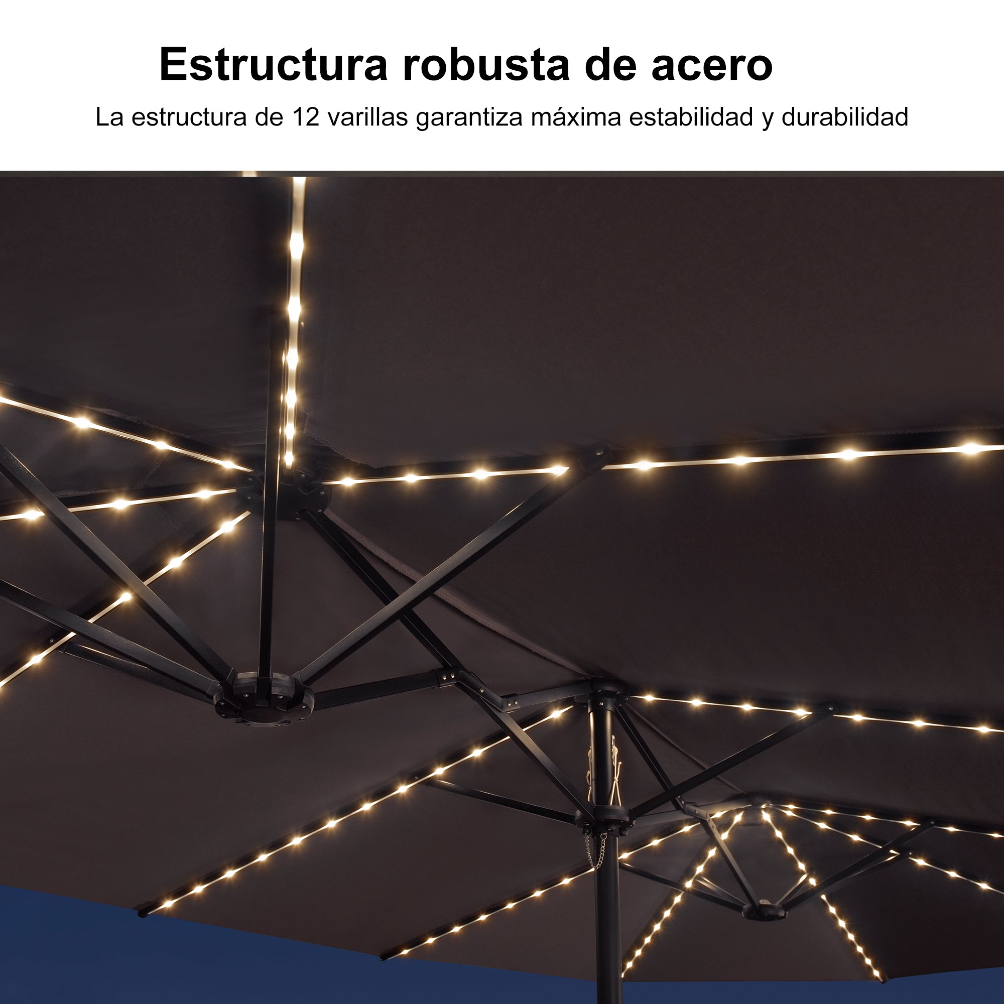 PURPLE LEAF Sombrilla de doble cara con iluminación LED con base incluida para exteriores