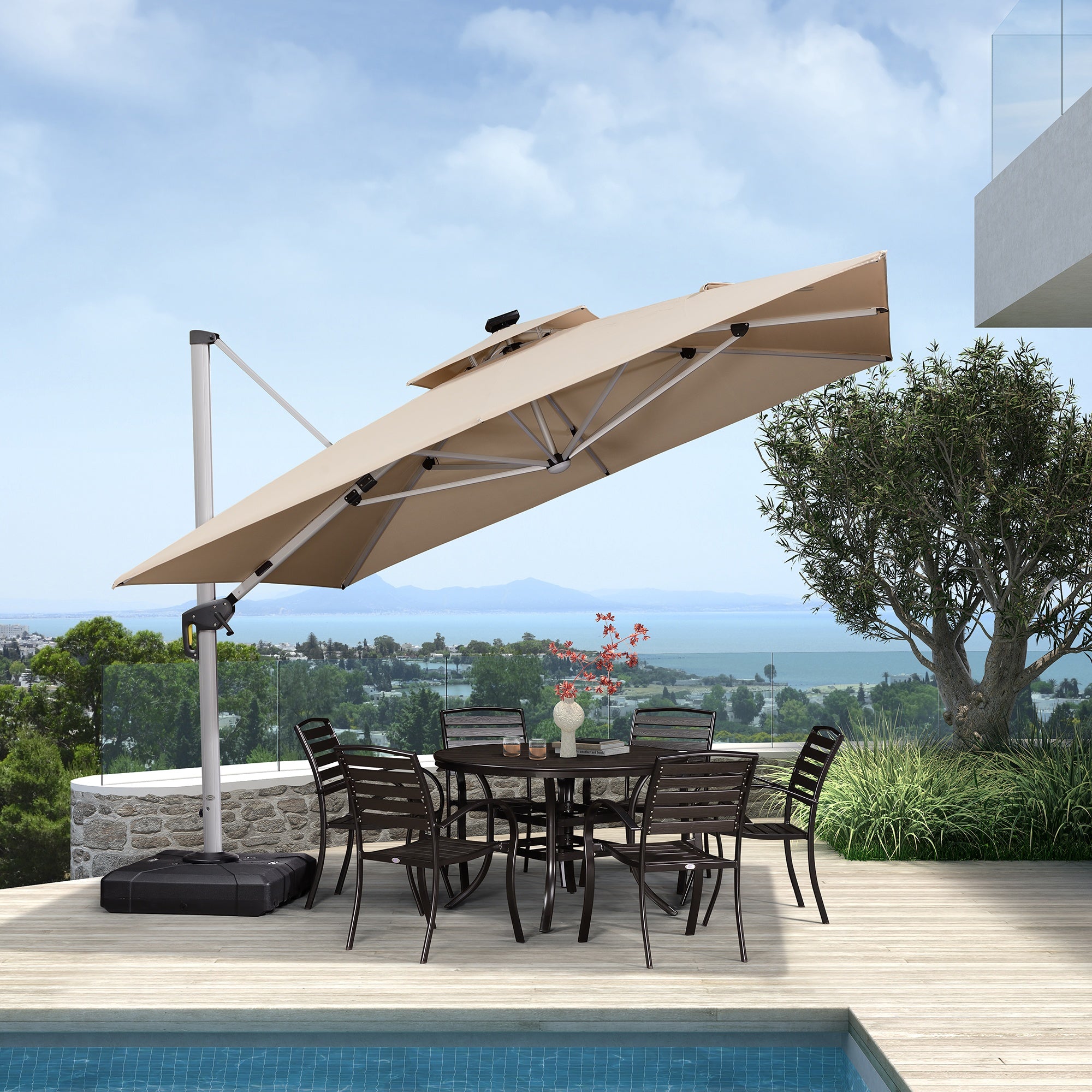 PURPLE LEAF Sombrilla cuadrada de doble cubierta con luces LED solares, ideal para jardín y terraza