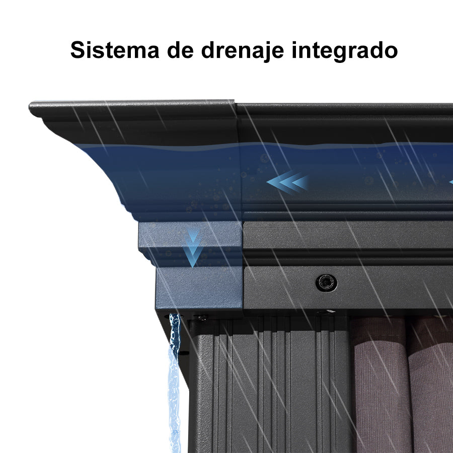 PURPLE LEAF Cenador de Jardín y Terraza de Aluminio con Luz LED Neutra, Techo de Acero Galvanizado, Cortinas y Mosquiteras, Color Gris