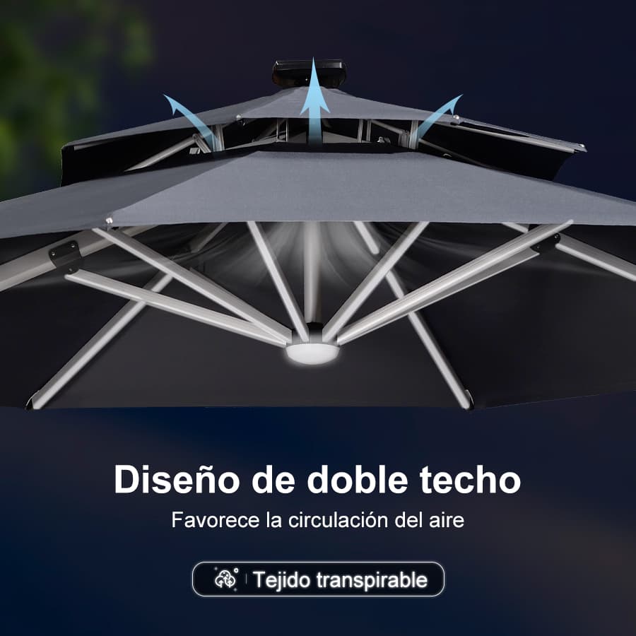 PURPLE LEAF Sombrilla excéntrico redondo con luces LED solares y rotación de 360°, ideal para jardín y terraza