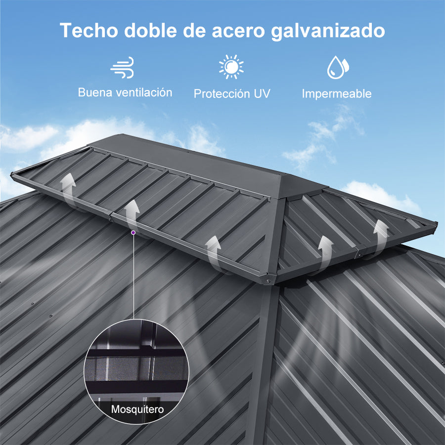 Purple Leaf Cenador de Jardín Estándar Gris, Pérgola de Aluminio con Techo de Acero Galvanizado y Luces de Cadena Con Luz Cálida
