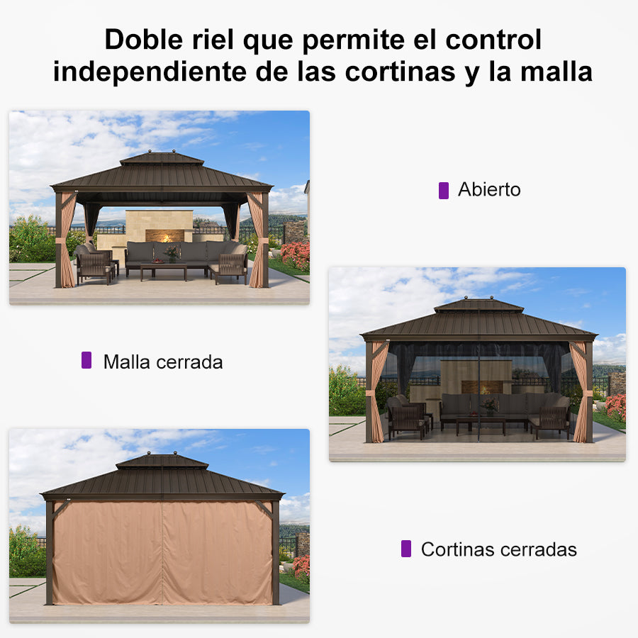 PURPLE LEAF Cenador Premium de Aluminio Bronce con Techo de Acero Galvanizado y Luz LED Neutra Integrada