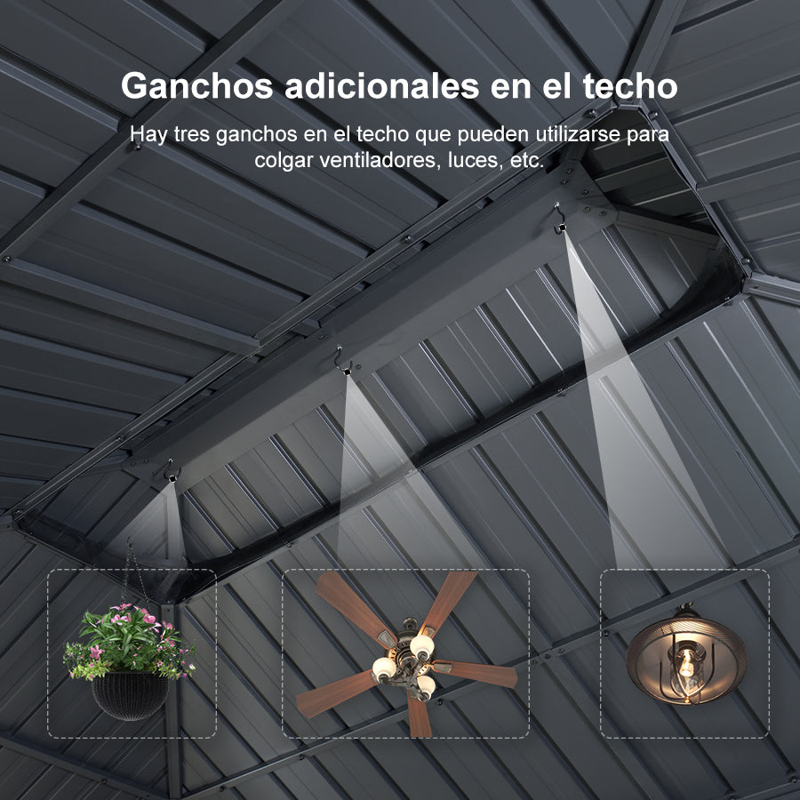 PURPLE LEAF Cenador Estándar Gris con Doble Techo de Acero Galvanizado, Mosquitera y Cortinas