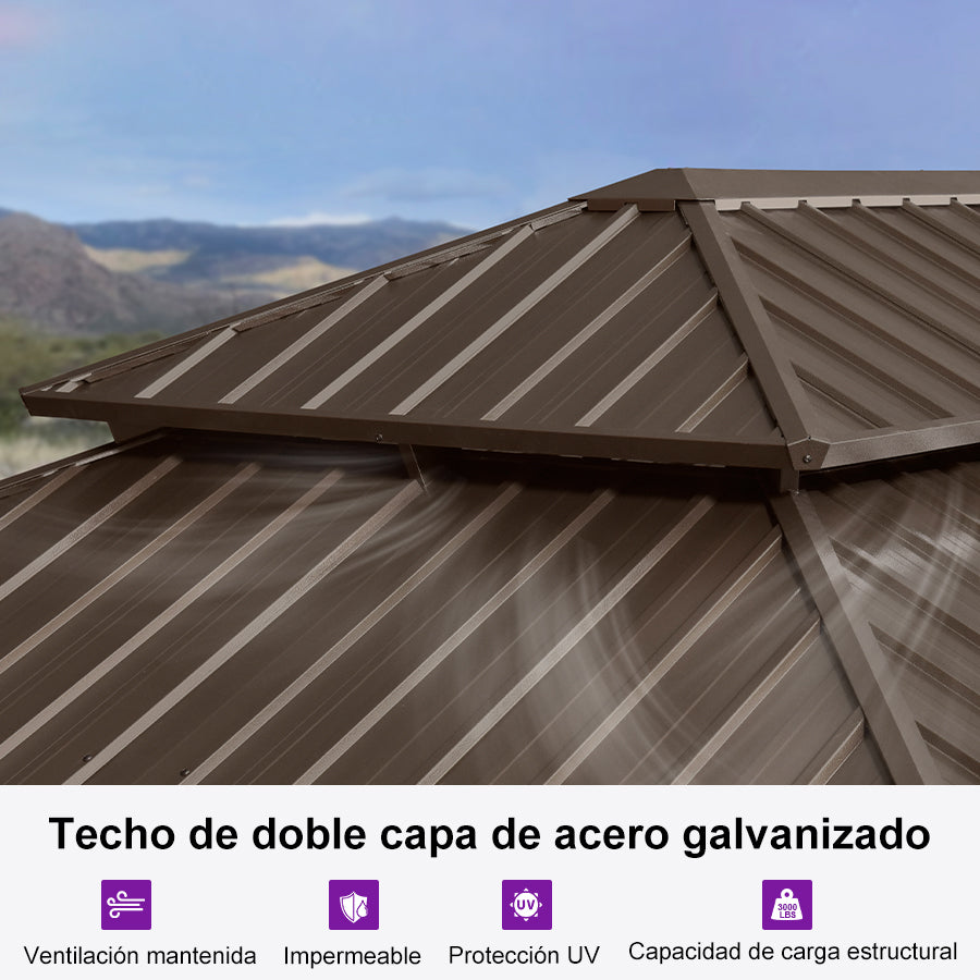 PURPLE LEAF Cenador Premium de Aluminio Bronce con Techo de Acero Galvanizado y Luz LED Neutra Integrada