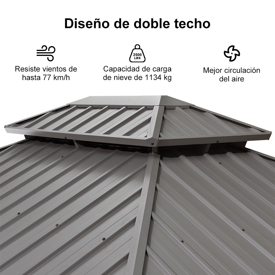 PURPLE LEAF Cenador de Jardín de Aluminio Gris Claro con Luz LED Neutra, Techo de Acero Galvanizado, Cortinas y Mosquiteras
