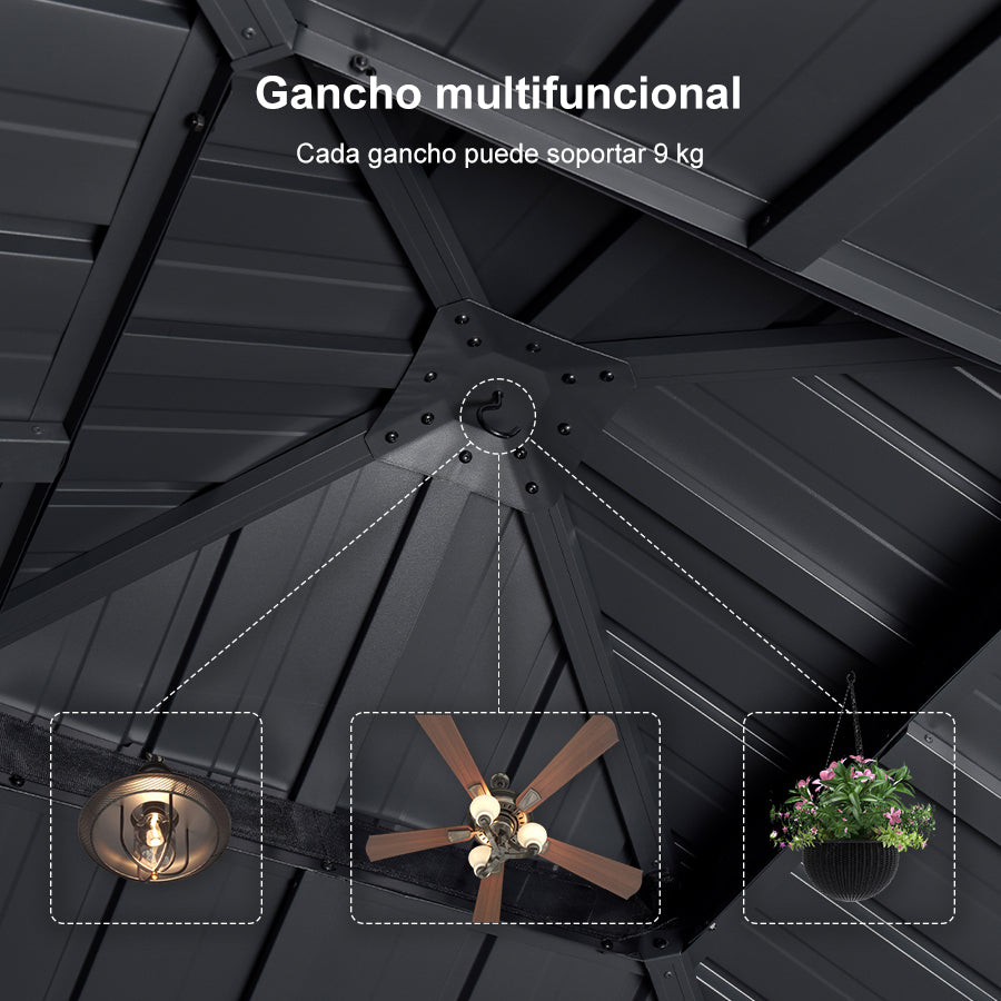 PURPLE LEAF Cenador Estándar Gris con Doble Techo de Acero Galvanizado, Mosquitera y Cortinas