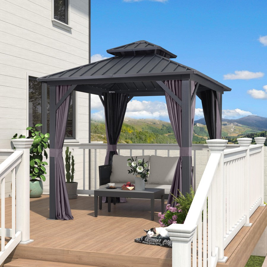 PURPLE LEAF Cenador Estándar Gris con Doble Techo de Acero Galvanizado, Mosquitera y Cortinas