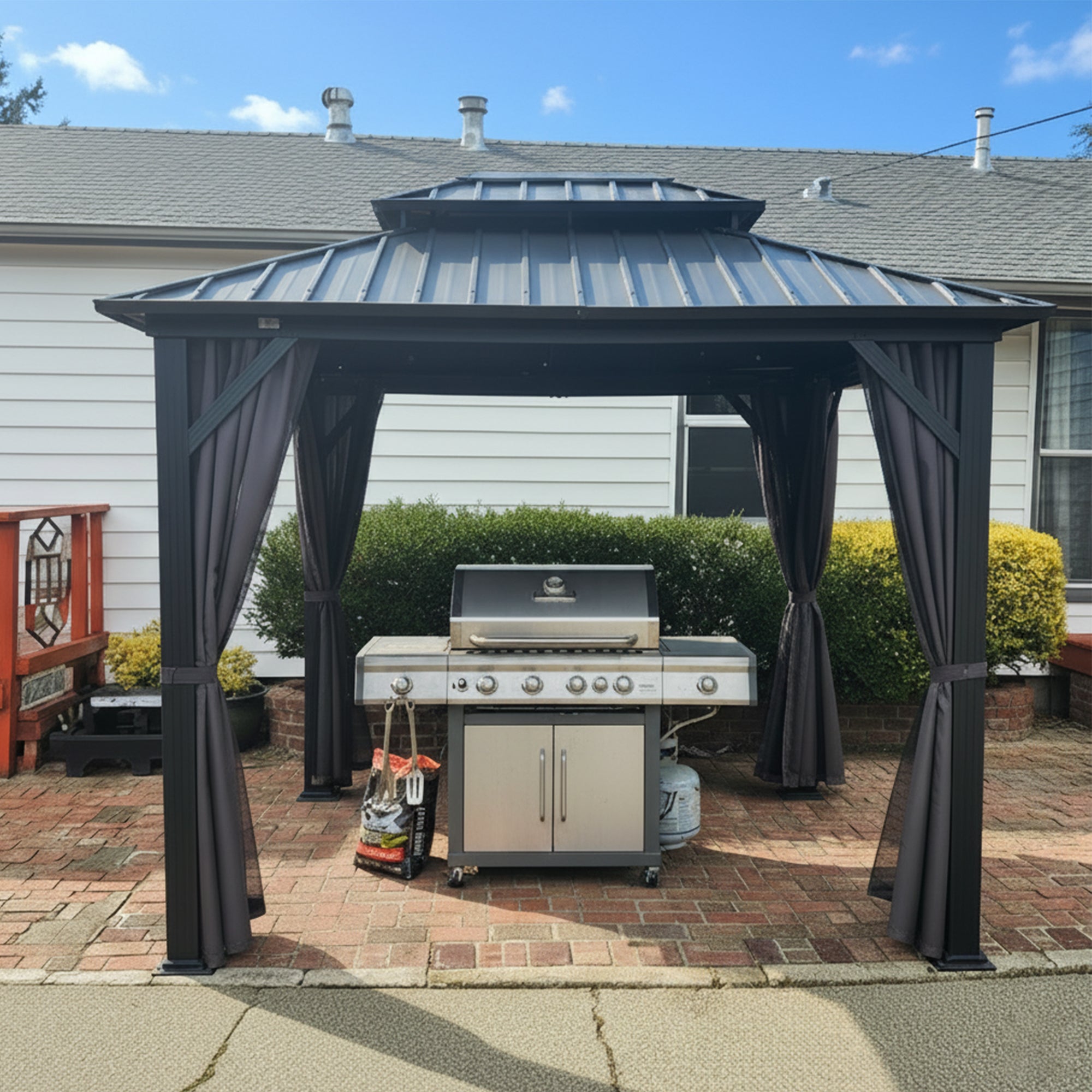Purple Leaf Cenador de Jardín Estándar Gris, Pérgola de Aluminio con Techo de Acero Galvanizado y Luces de Cadena Con Luz Cálida